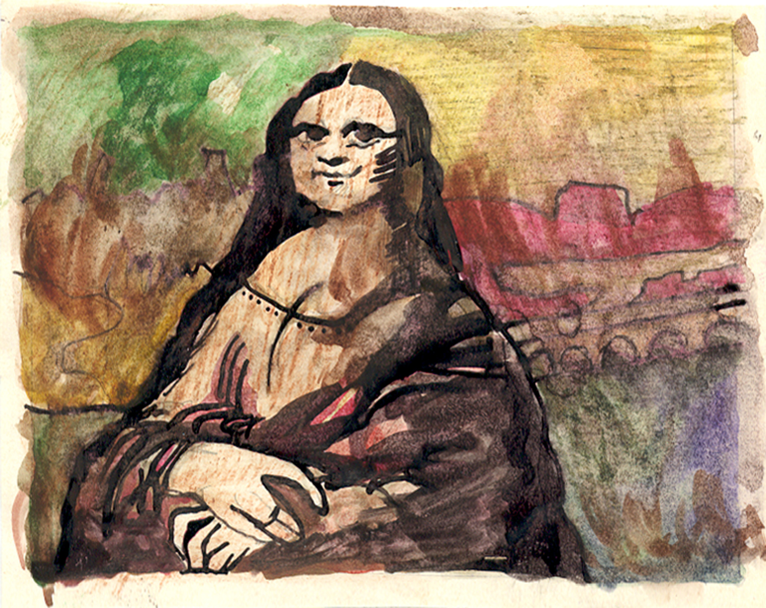 La Gioconda or the Portrait of Lisa Gherardini.  Акварель. [La Gioconda. Stylized Mona Lisa. Watercolor.]