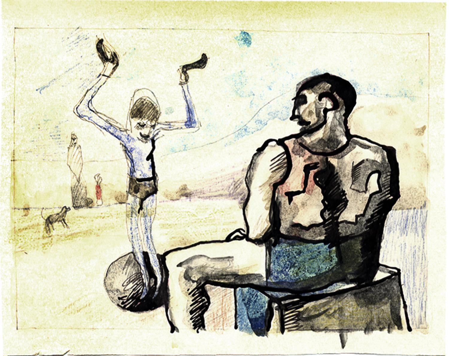 Acrobate à la boule. По мотивам Пикассо. Акробат на шаре. Акварель. [Acrobate à la boule. After Picasso. Acrobat on a ball. Watercolor.]
